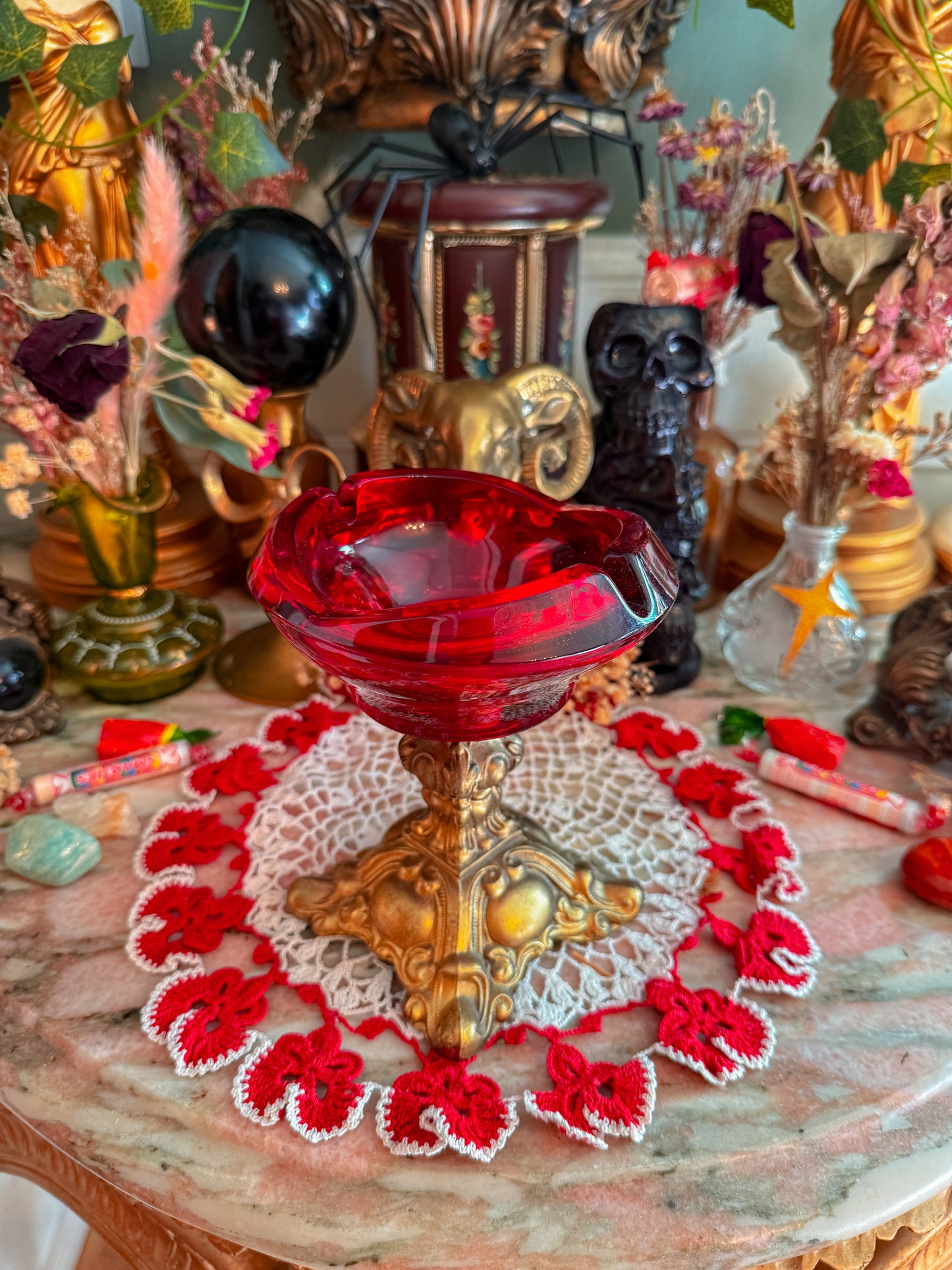 Solid red glass gilted metal ashtray✨