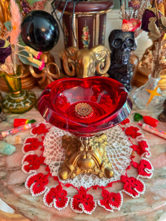 Solid red glass gilted metal ashtray✨