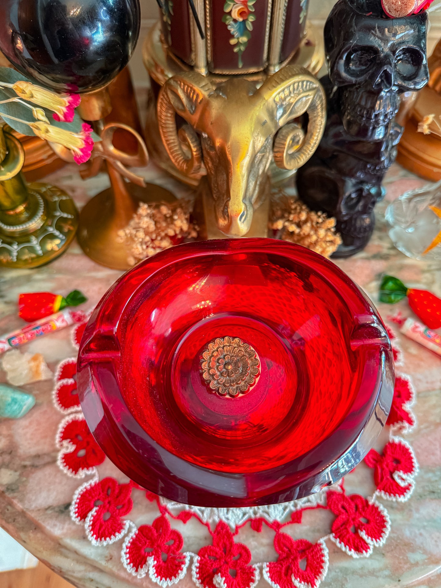 Solid red glass gilted metal ashtray✨