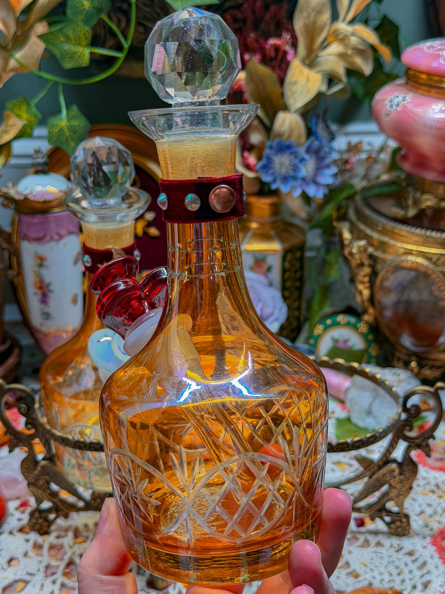 Lovers moon and sun Carnival Cut glass double bong set with cast brass phoenix caddy and add ons (RARE)✨🌛🌞