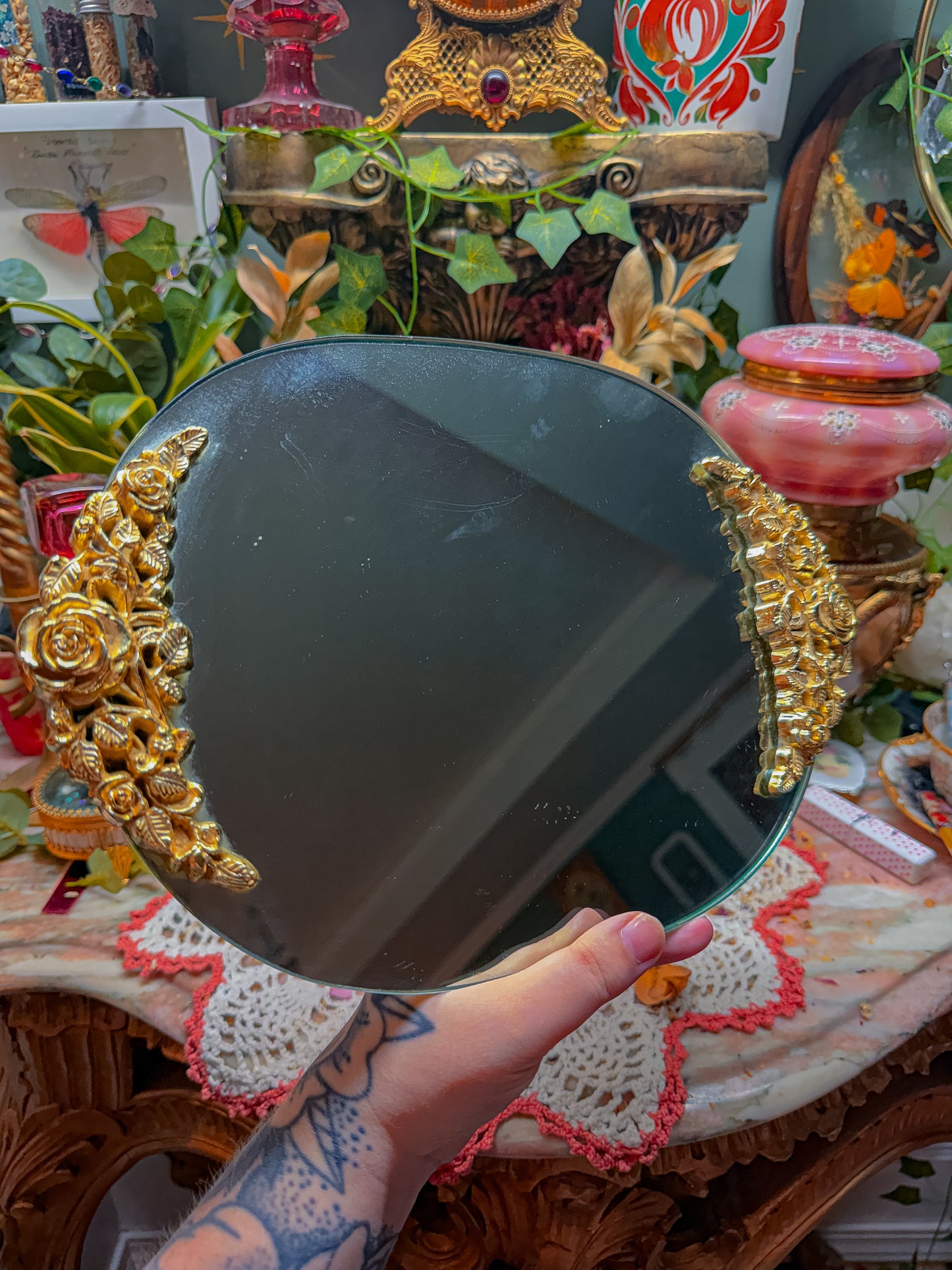 Gold floral mirror tray✨