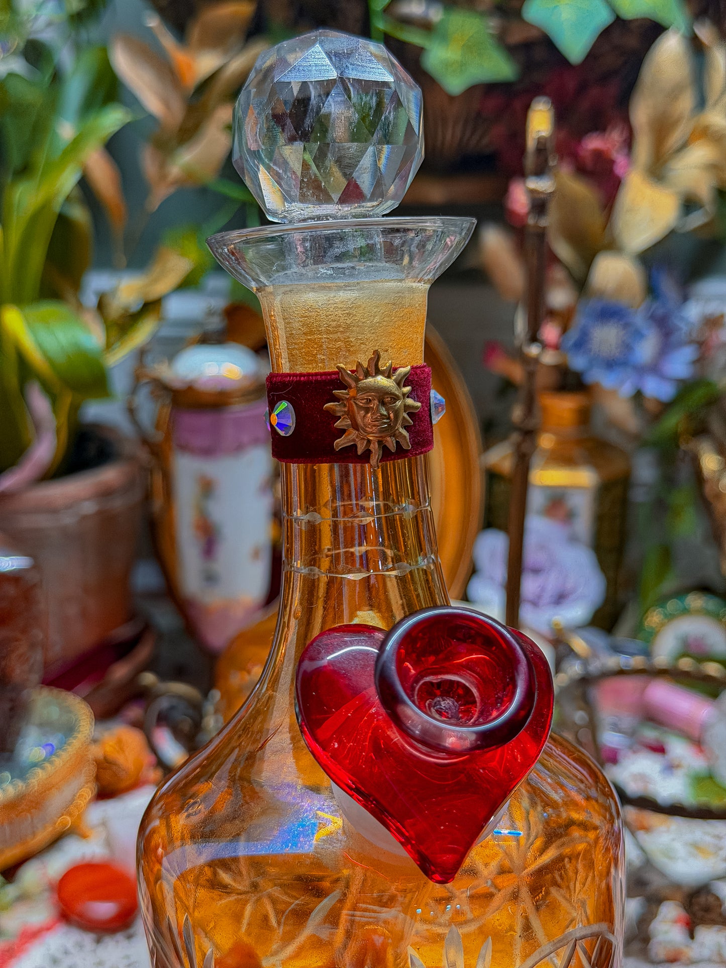 Lovers moon and sun Carnival Cut glass double bong set with cast brass phoenix caddy and add ons (RARE)✨🌛🌞
