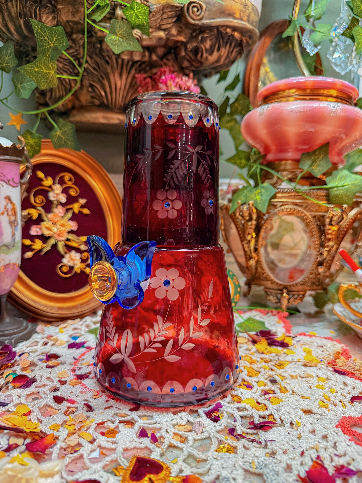Bohemian cut glass carafe with gems✨