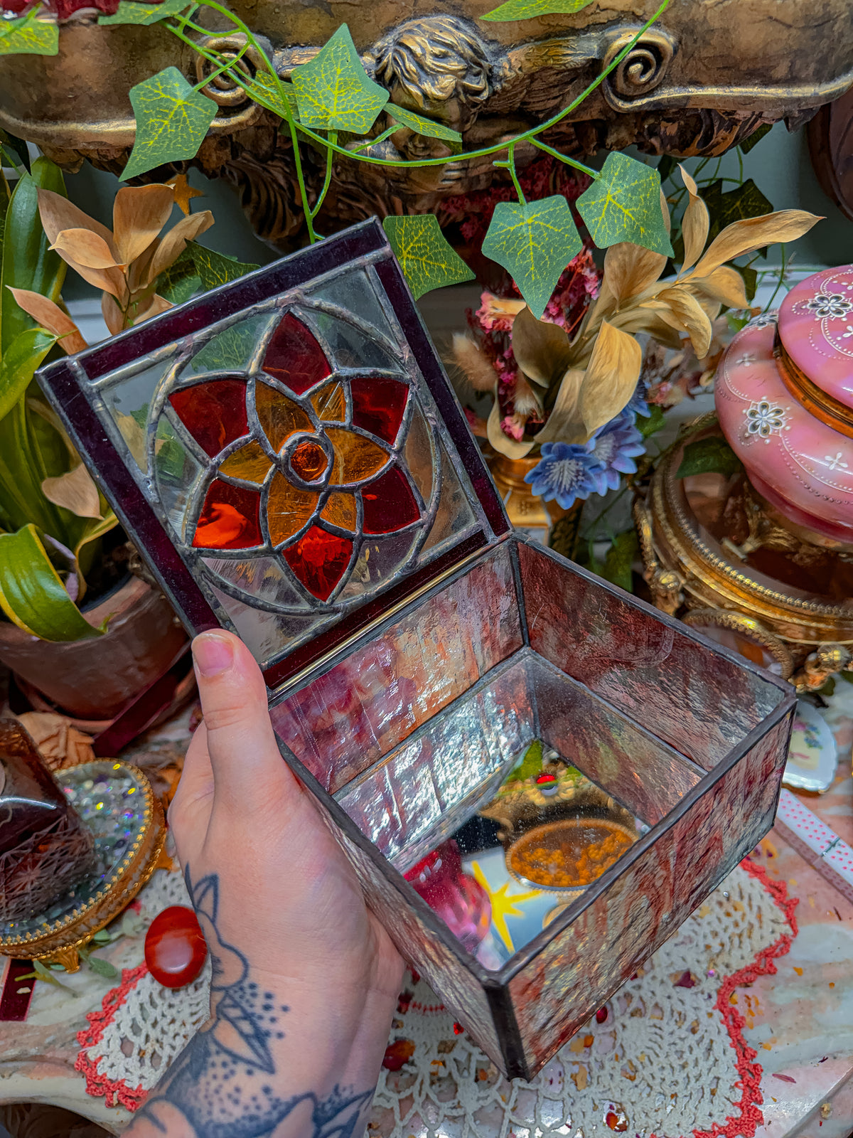 Vintage Stained glass mirrored stash✨