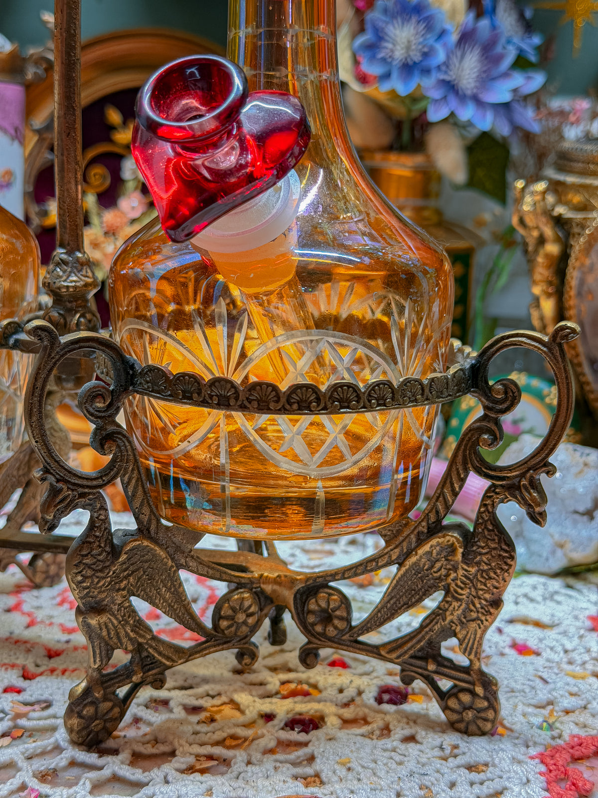 Lovers moon and sun Carnival Cut glass double bong set with cast brass phoenix caddy and add ons (RARE)✨🌛🌞