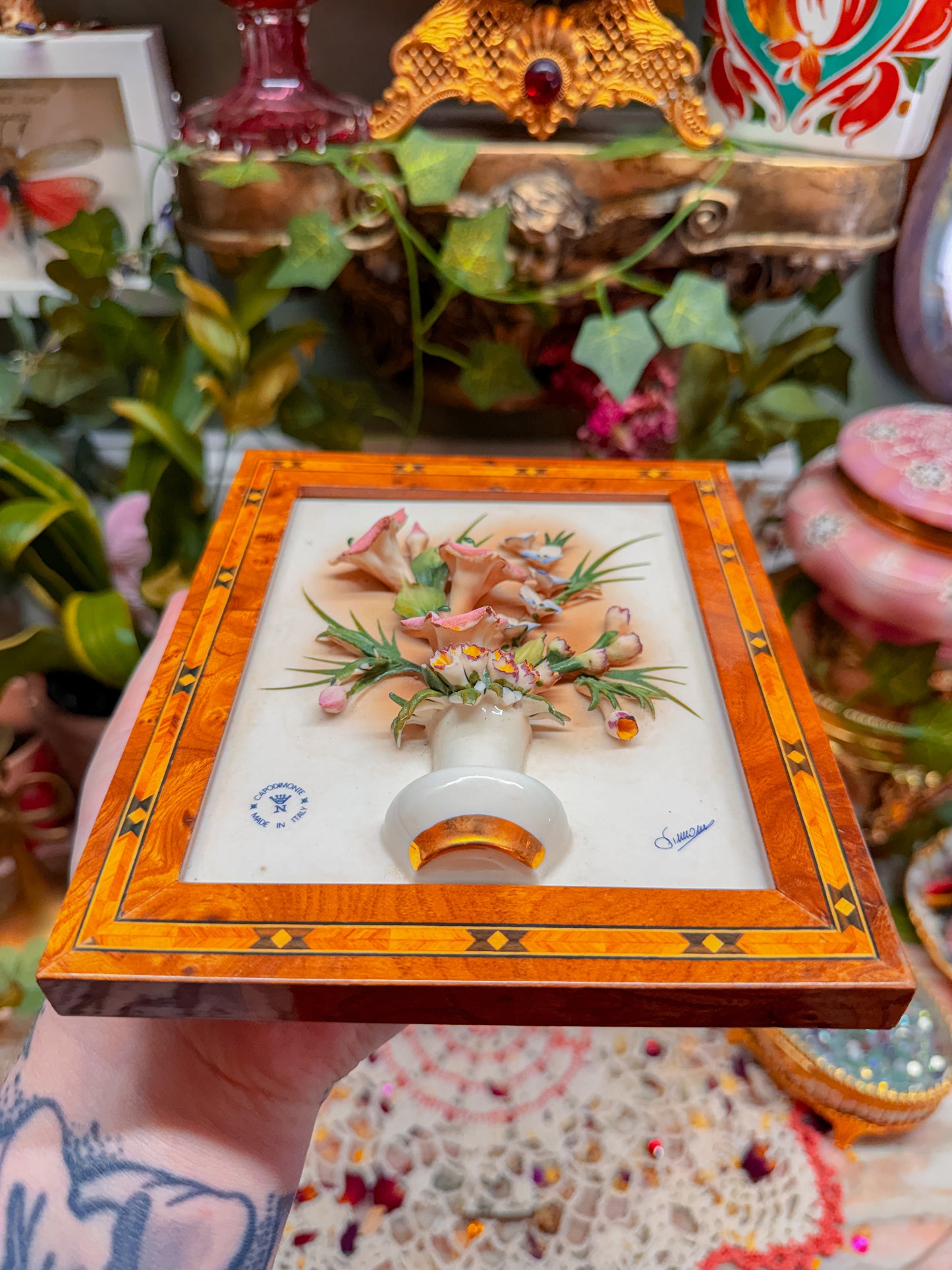 3D floral porcelain art in wood frame. Signed. Made in Italy