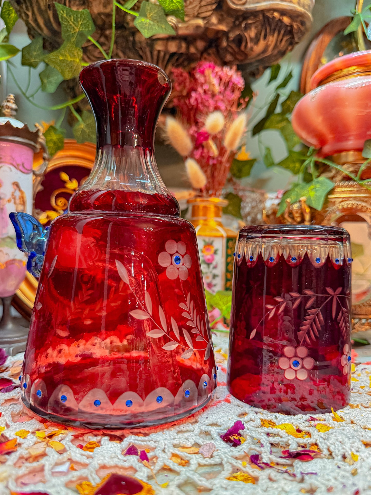 Bohemian cut glass carafe with gems✨