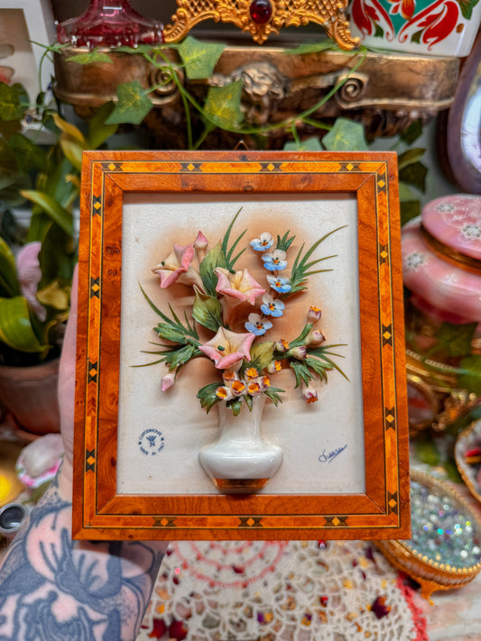 3D floral porcelain art in wood frame. Signed. Made in Italy