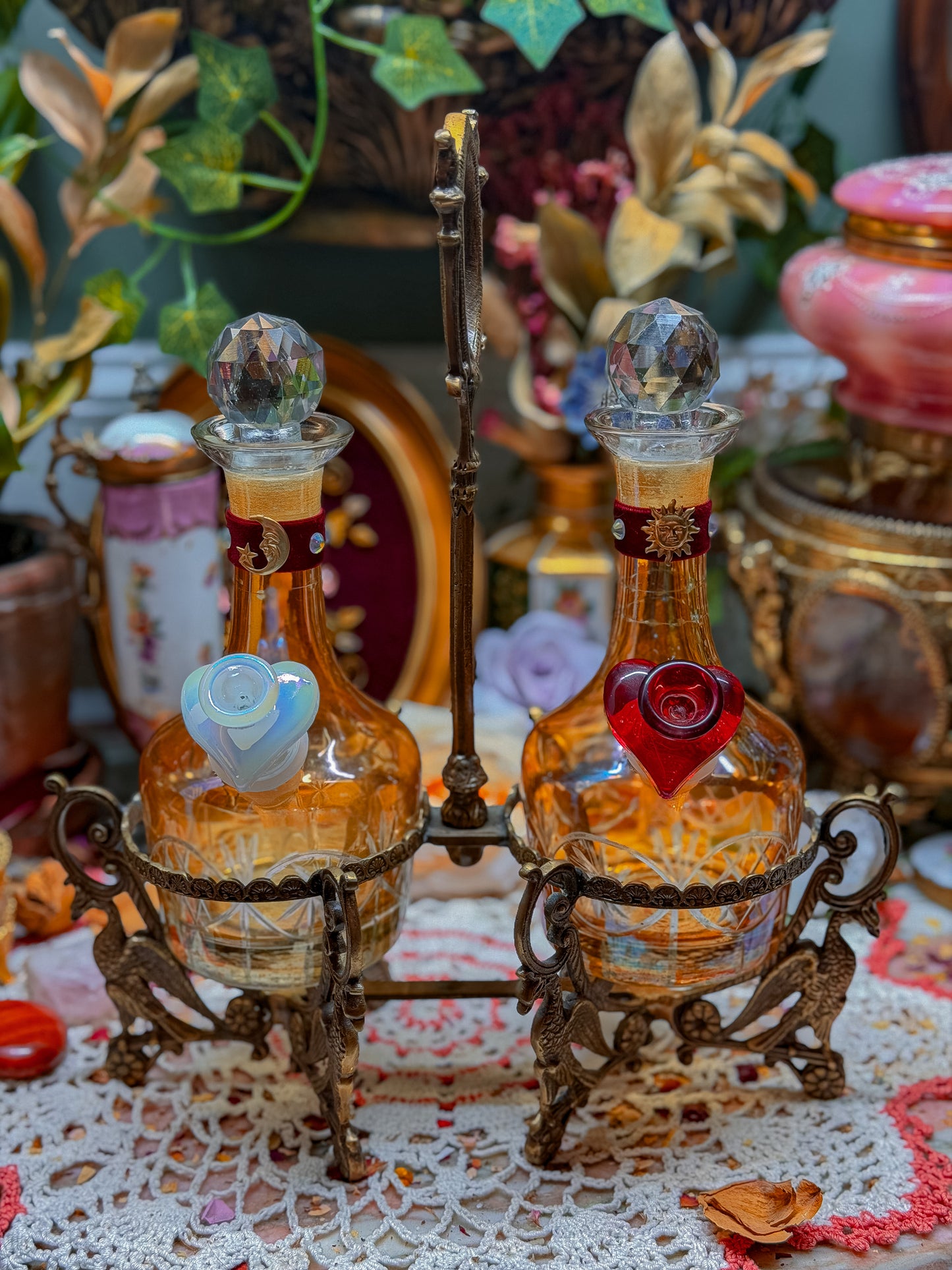 Lovers moon and sun Carnival Cut glass double bong set with cast brass phoenix caddy and add ons (RARE)✨🌛🌞