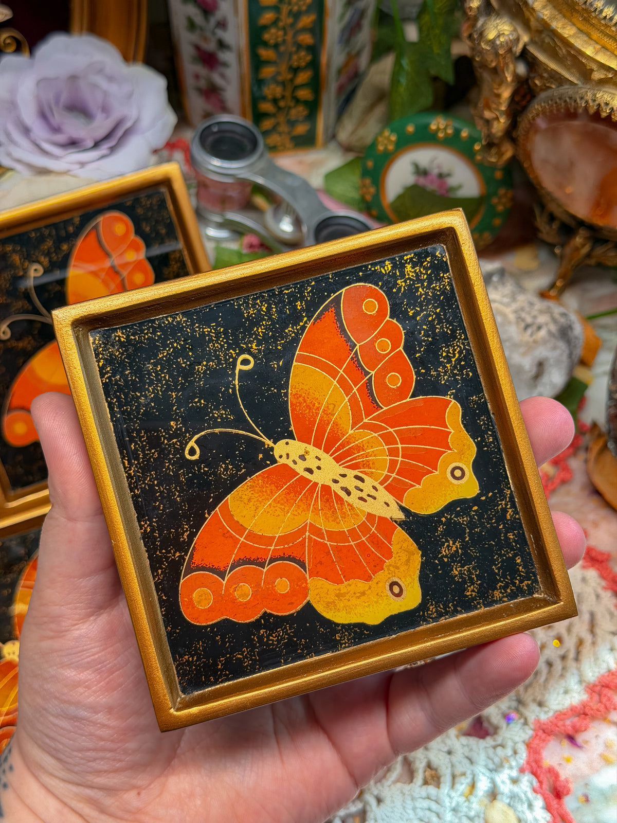 Glass and ceramic 70s butterfly coasters