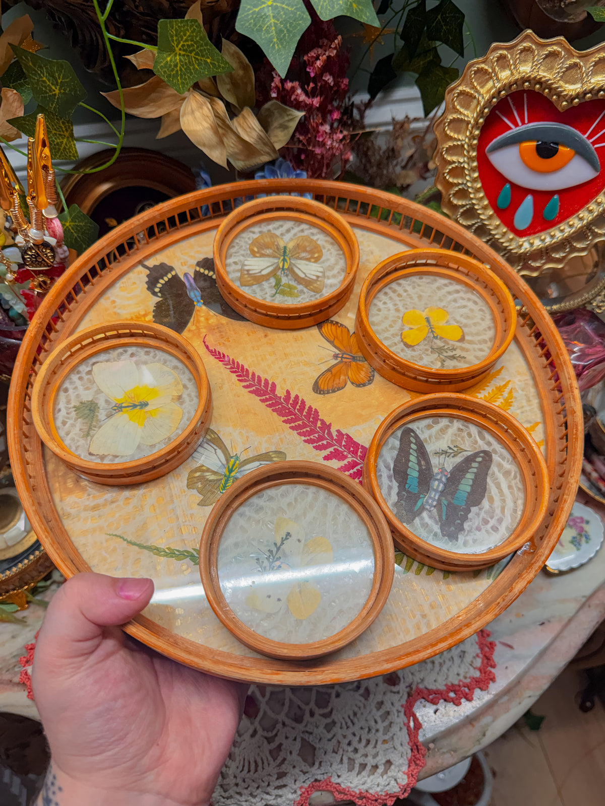 Bamboo pressed flower and real butterfly coaster and tray vintage set✨