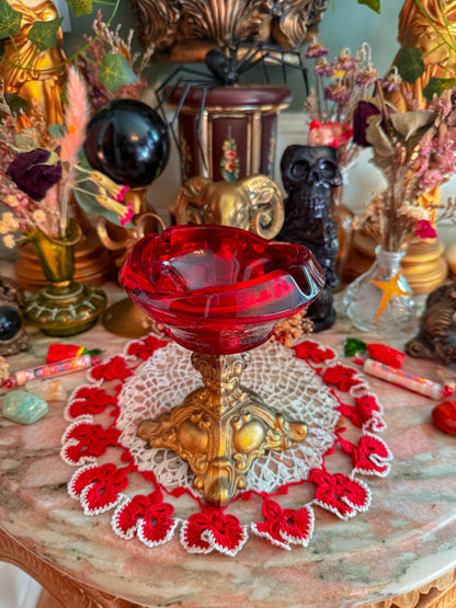 Solid red glass gilted metal ashtray✨