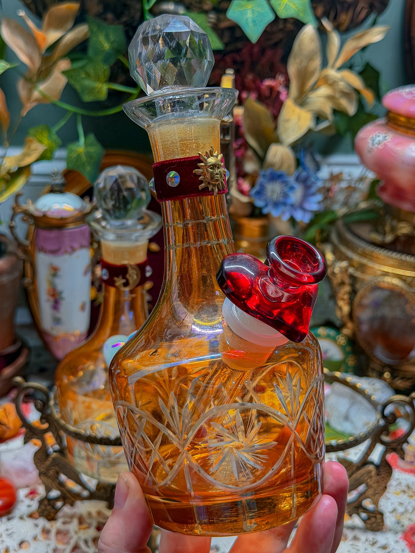Lovers moon and sun Carnival Cut glass double bong set with cast brass phoenix caddy and add ons (RARE)✨🌛🌞