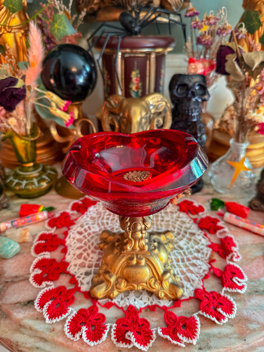 Solid red glass gilted metal ashtray✨