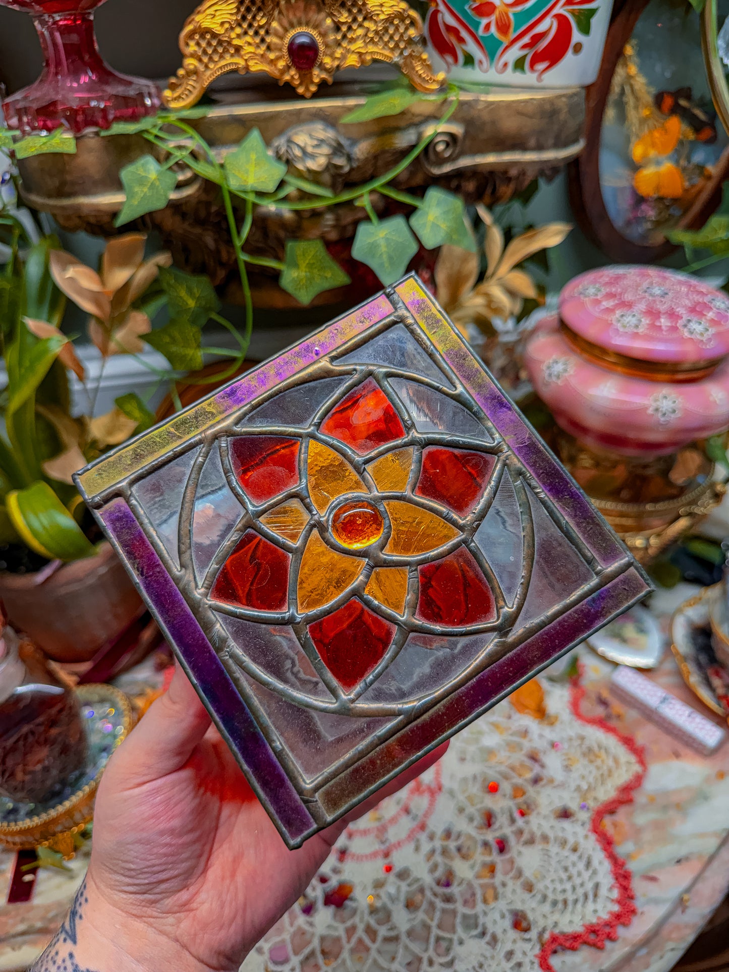 Vintage Stained glass mirrored stash✨