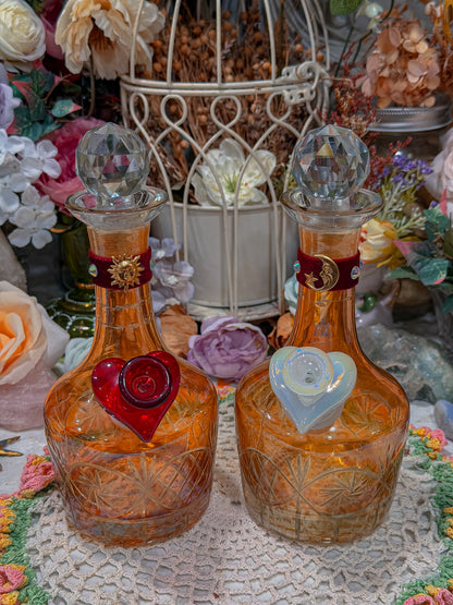Lovers moon and sun Carnival Cut glass double bong set with cast brass phoenix caddy and add ons (RARE)✨🌛🌞