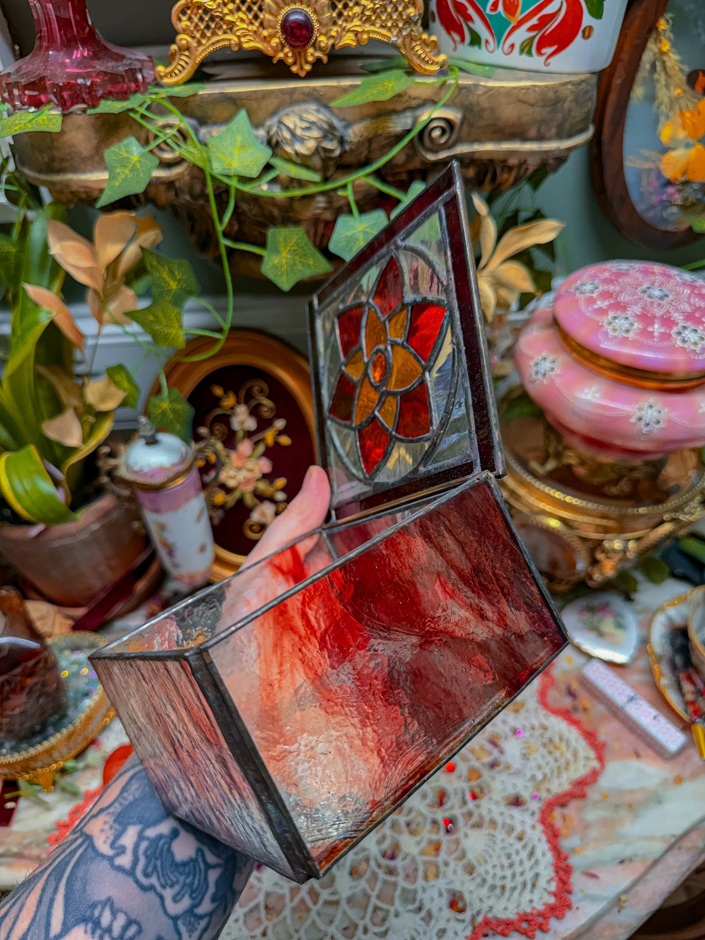 Vintage Stained glass mirrored stash✨