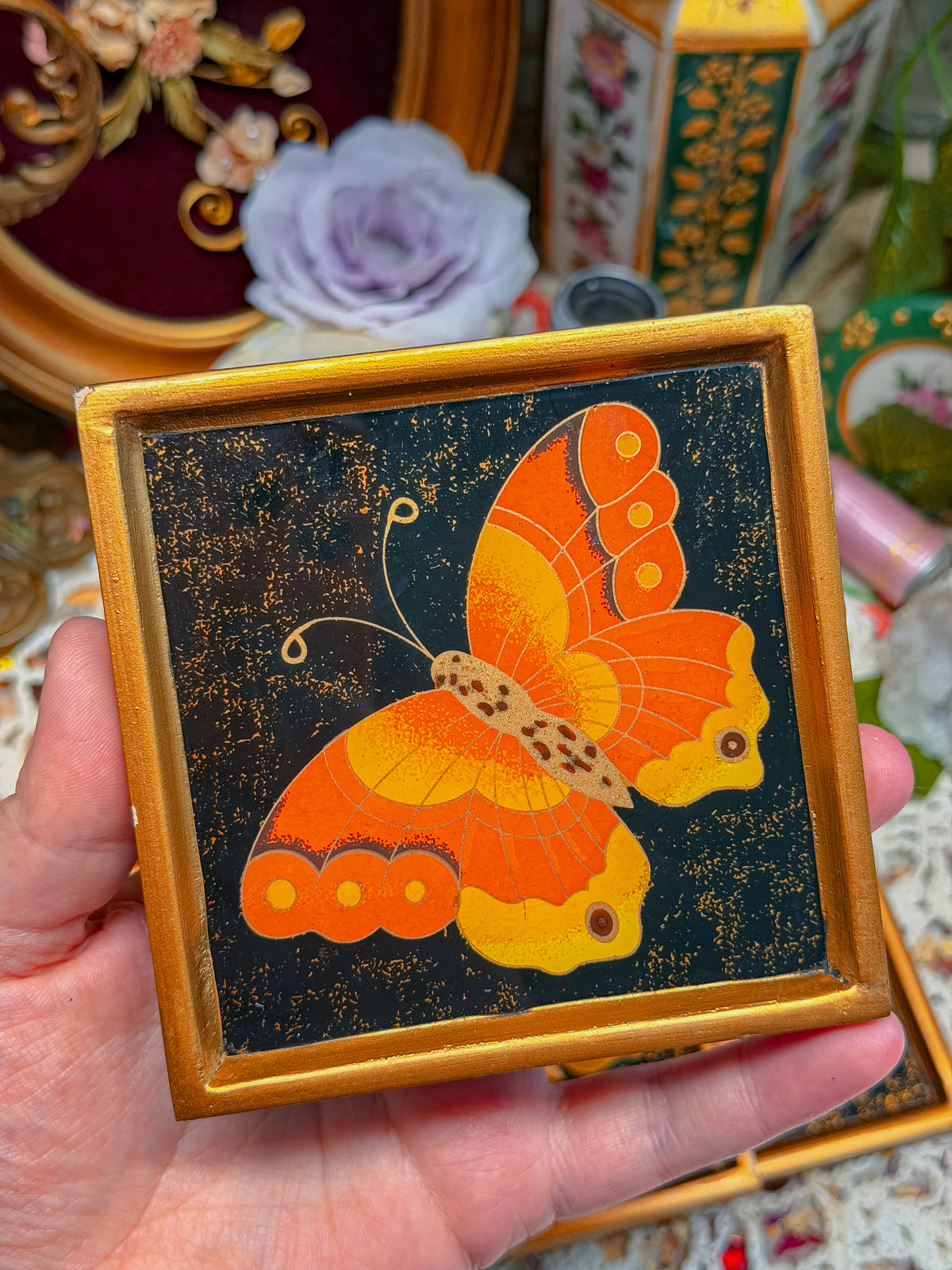 Glass and ceramic 70s butterfly coasters