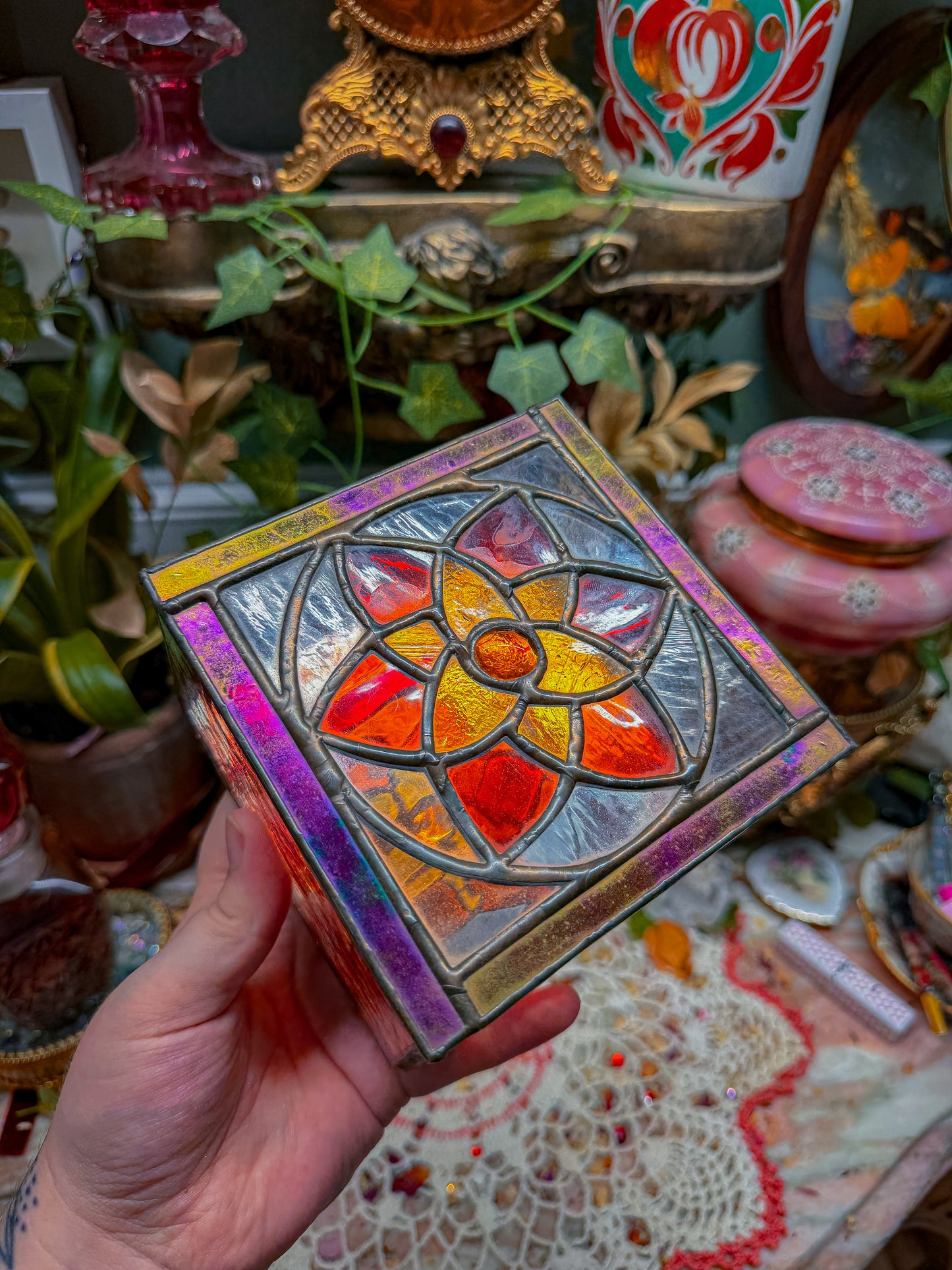 Vintage Stained glass mirrored stash✨