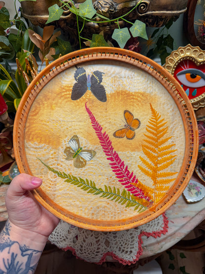 Bamboo pressed flower and real butterfly coaster and tray vintage set✨