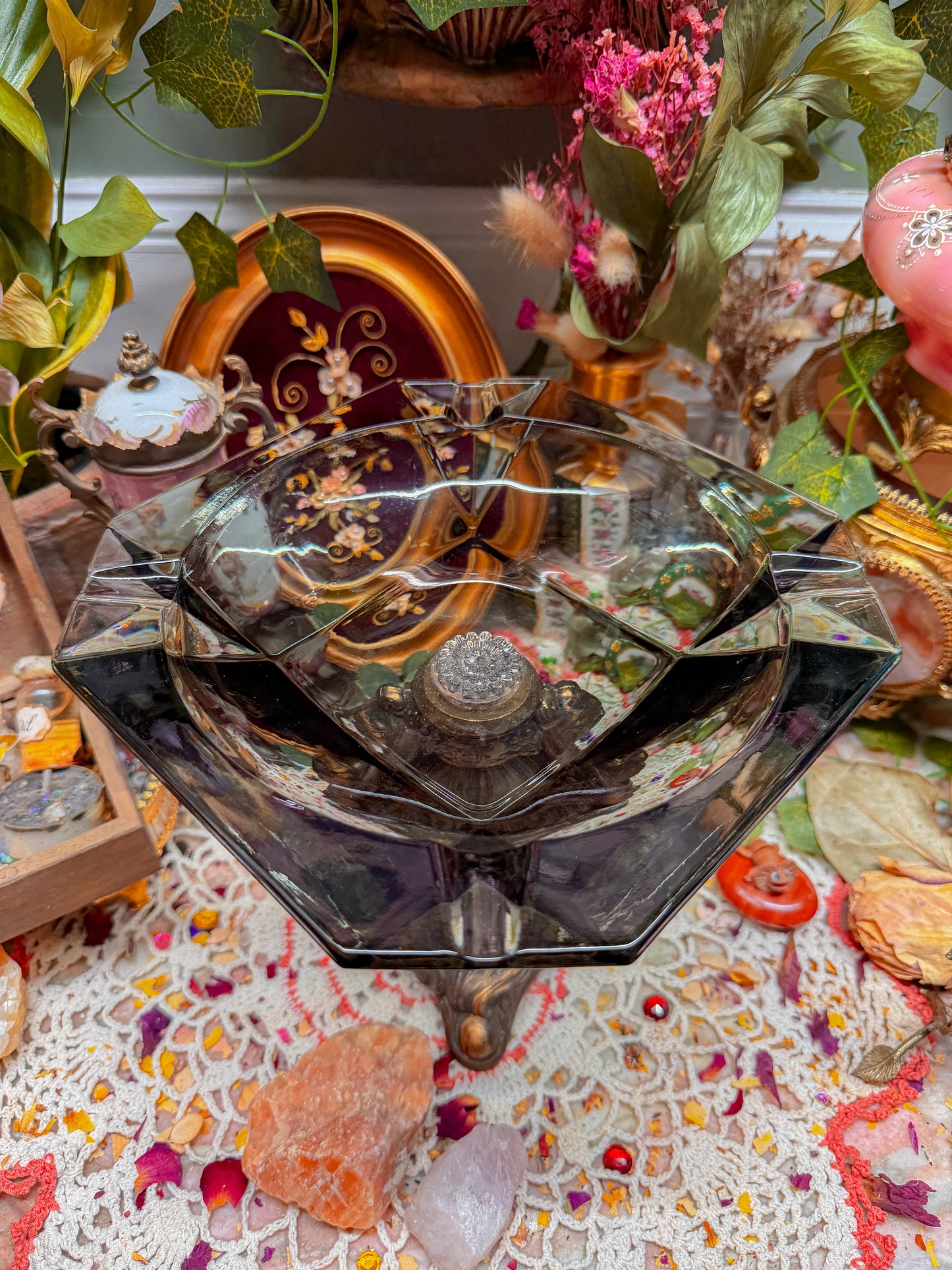 Smoky glass and gilted metal ashtray✨