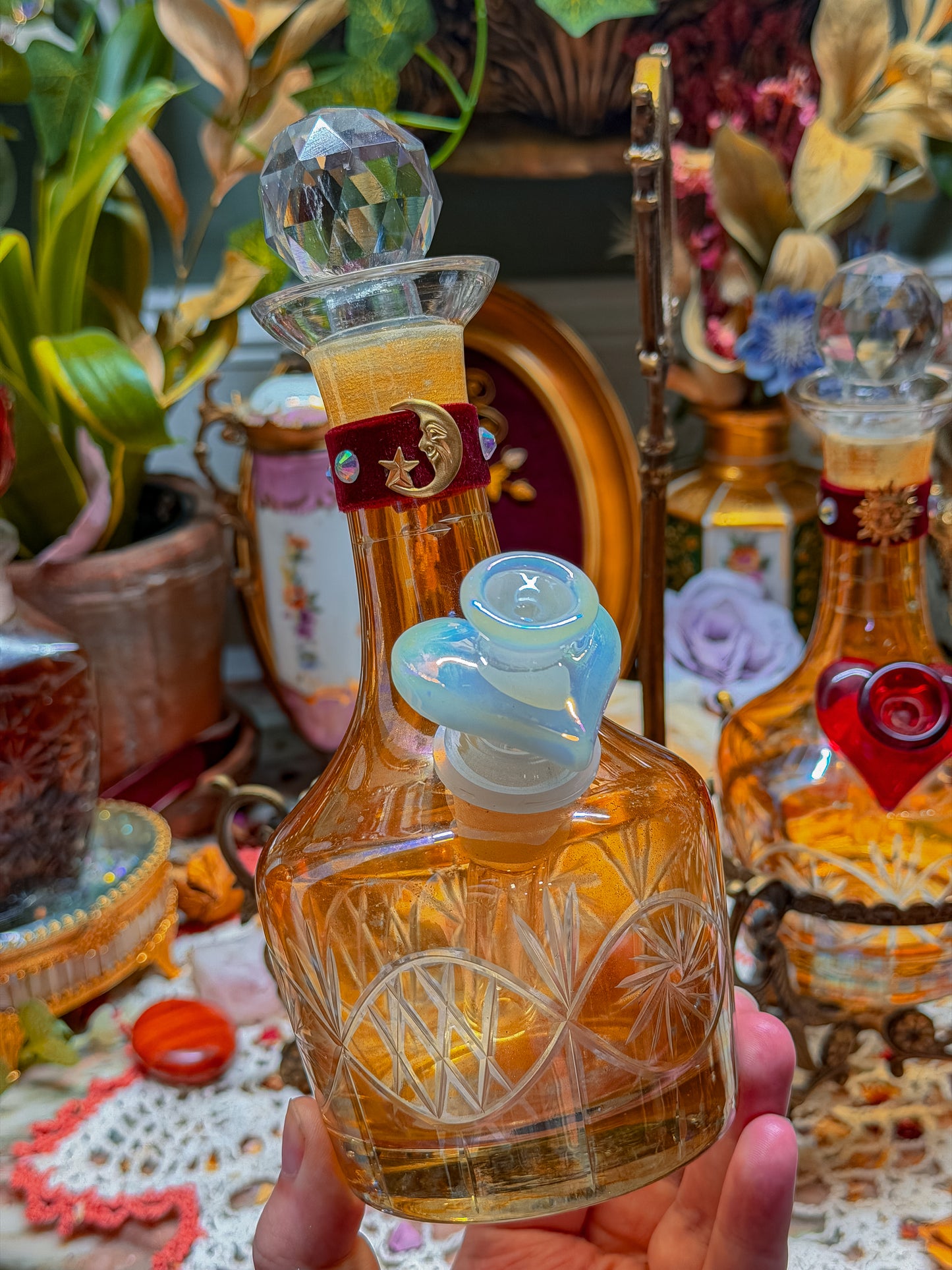 Lovers moon and sun Carnival Cut glass double bong set with cast brass phoenix caddy and add ons (RARE)✨🌛🌞