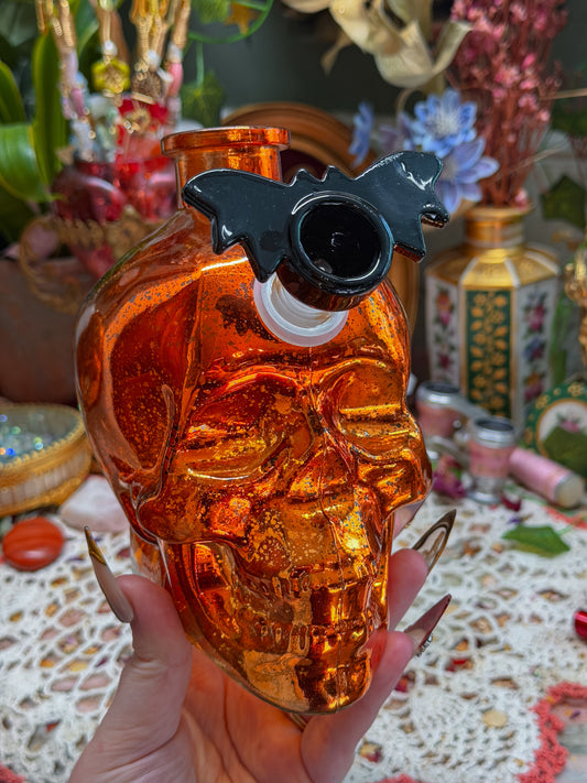 Speckled orange glass skull bong (large)🕷️