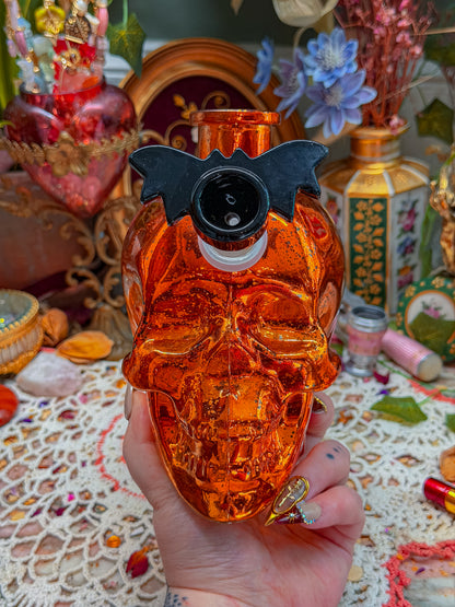 Speckled orange glass skull bong (large)🕷️