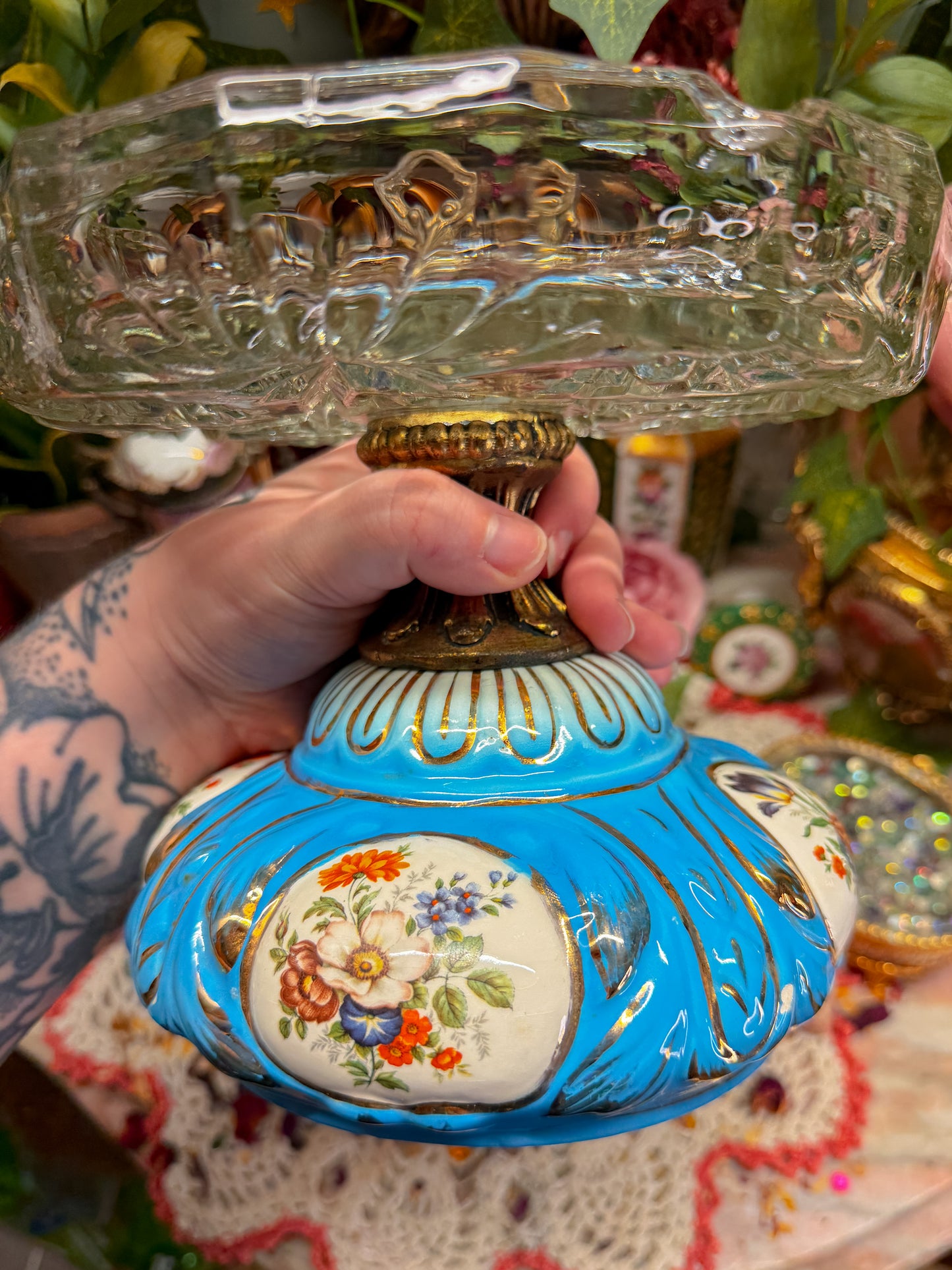 Rare Glass/porcelain floral ashtray✨