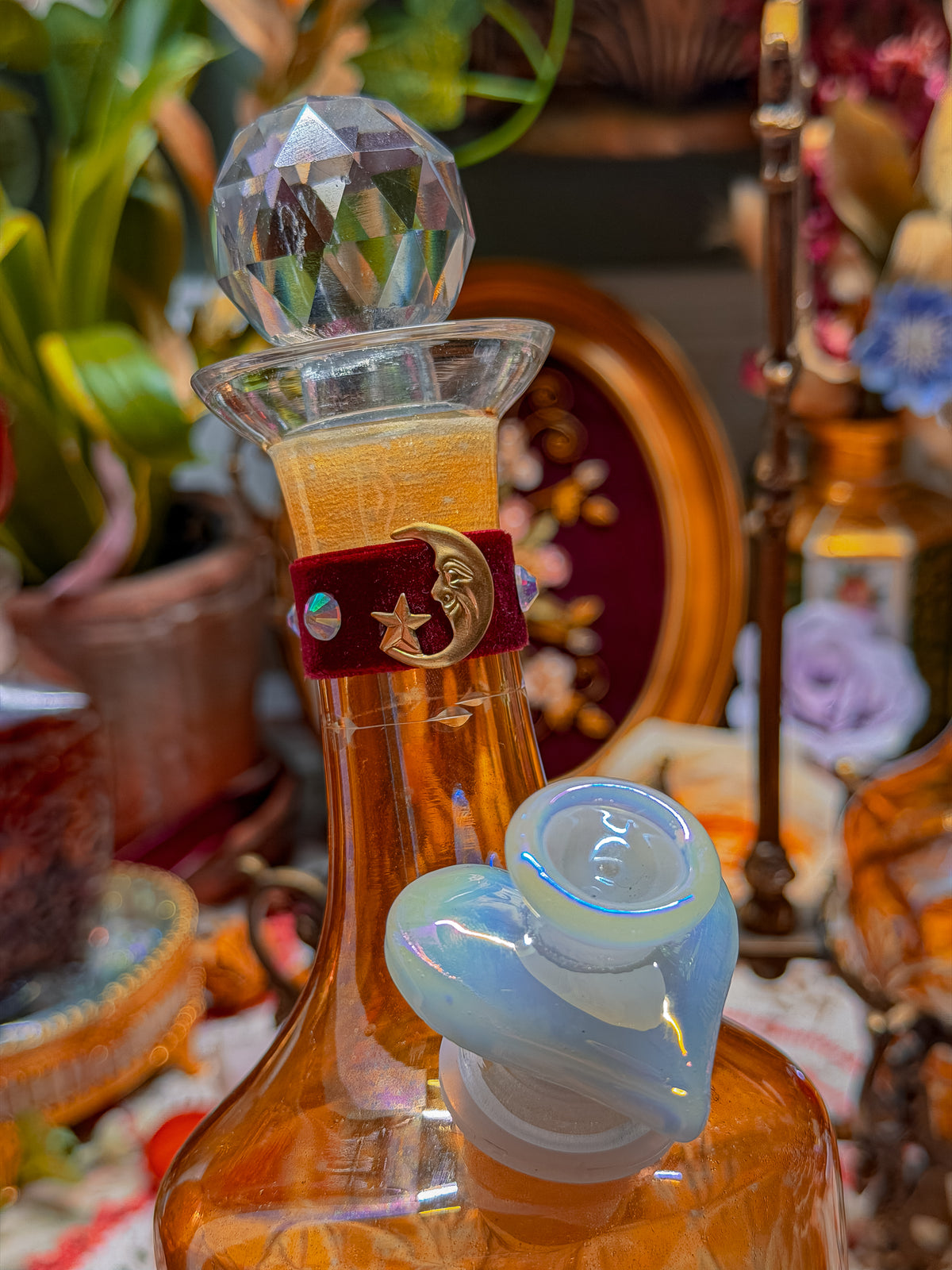 Lovers moon and sun Carnival Cut glass double bong set with cast brass phoenix caddy and add ons (RARE)✨🌛🌞