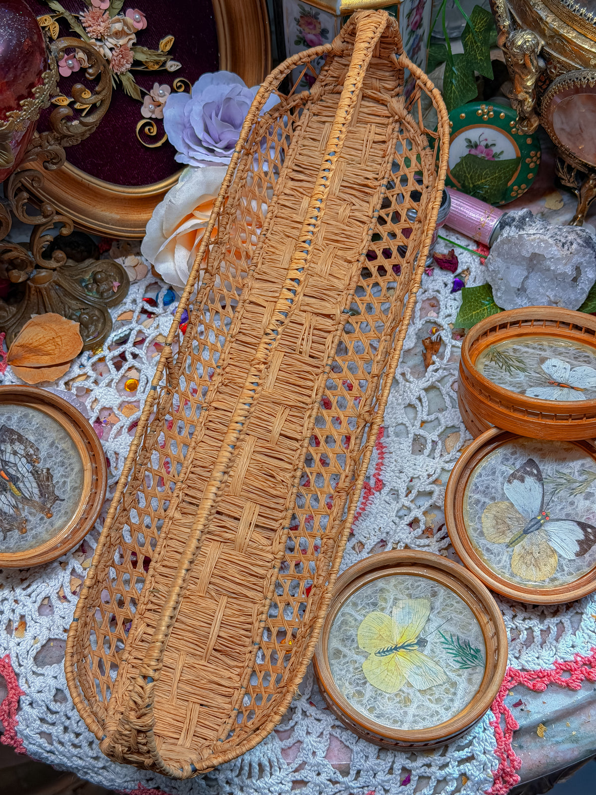 Bamboo and real butterfly coasters and basket✨