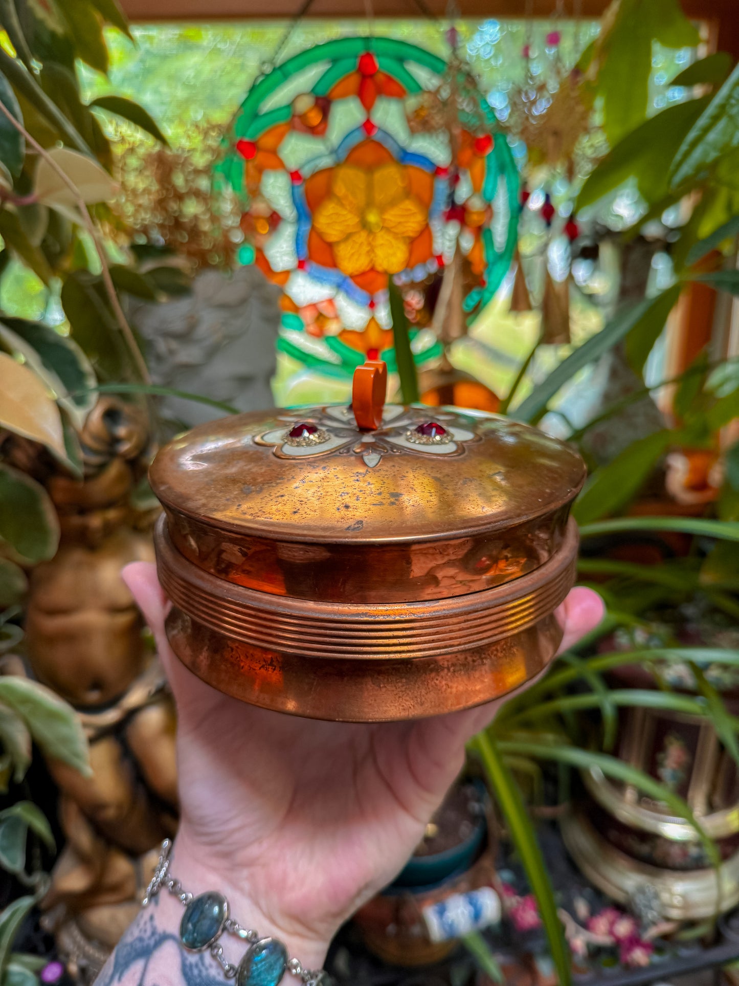 Copper and glass jeweled heart lidded stash✨