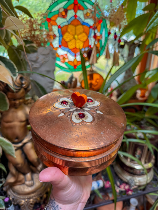 Copper and glass jeweled heart lidded stash✨